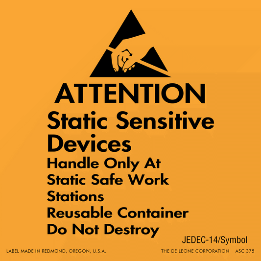 ASC375 ATTENTION - Static Sensitive Devices - 
Handle Only At Static Safe Work Stations -
Reusable Container