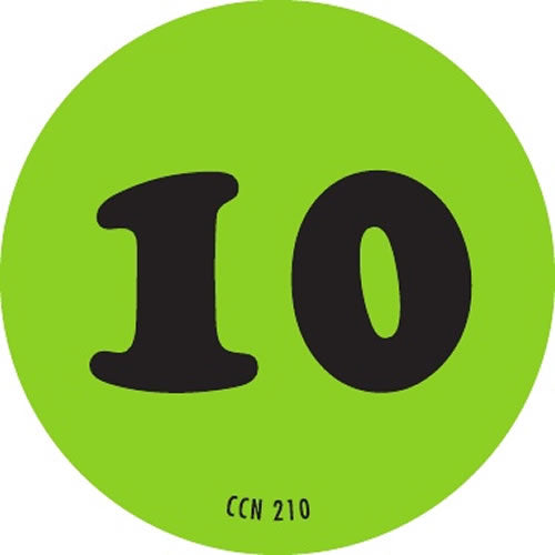 2" Color Code Number "10" Label - Fluorescent Green, 500/Roll