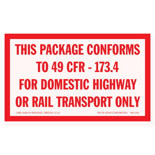 HML428 THIS PACKAGE CONFORMS TO 49 CFR - 173.4 FOR DOMESTIC HIGHWAY OR RAIL TRANSPORT ONLY