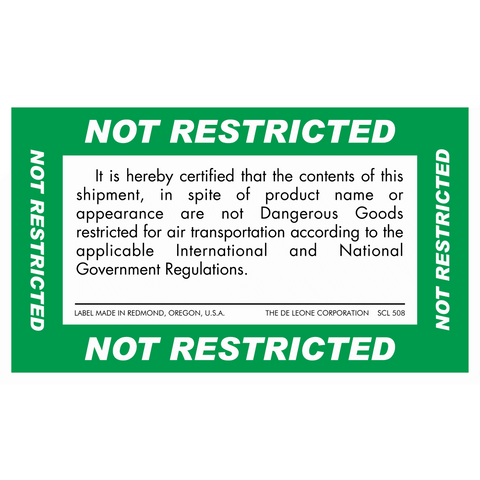 SCL508 NOT RESTRICTED - It is herby certified that the contents of this shipment, in spite of product name or appearance are not Dangerous Goods restricted