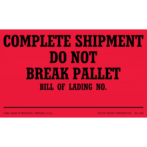 SCL548 COMPLETE SHIPMENT DO NOT BREAK PALLET - BILL OF LADING NO.