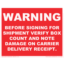 SCL816RV Warning - Before signing for shipment verify box count and note damage on carrier delivery receipt.