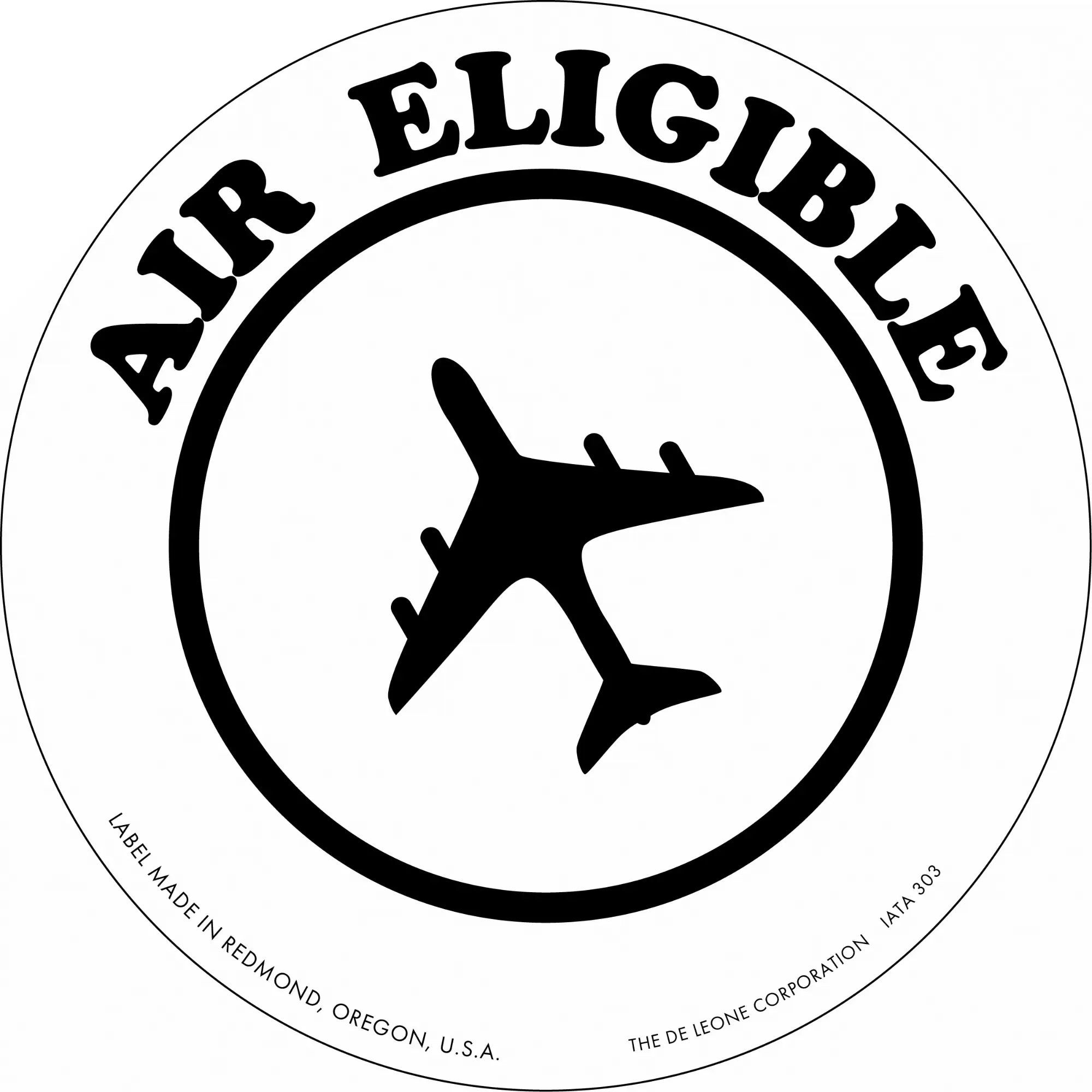 Black and white circular logo featuring an airplane silhouette with ’AIR ELIGIBLE’ text around the top.