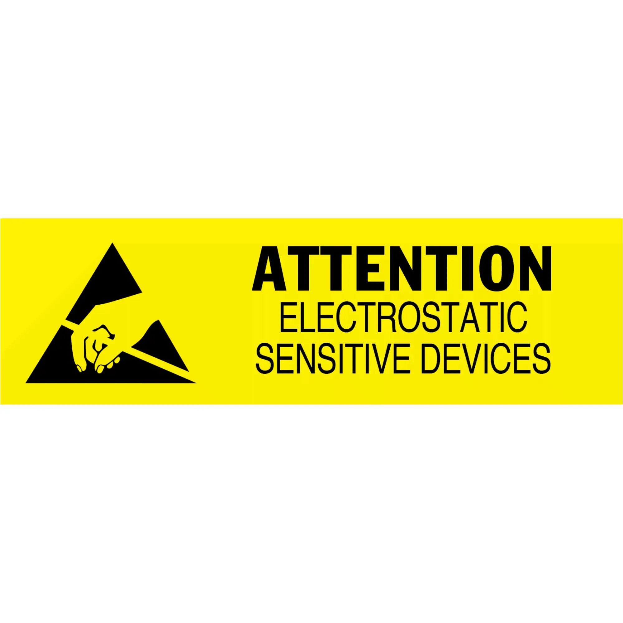Yellow warning label for electrostatic sensitive devices with black text and ESD symbol.