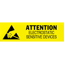 Yellow warning label for electrostatic sensitive devices with black text and ESD symbol.