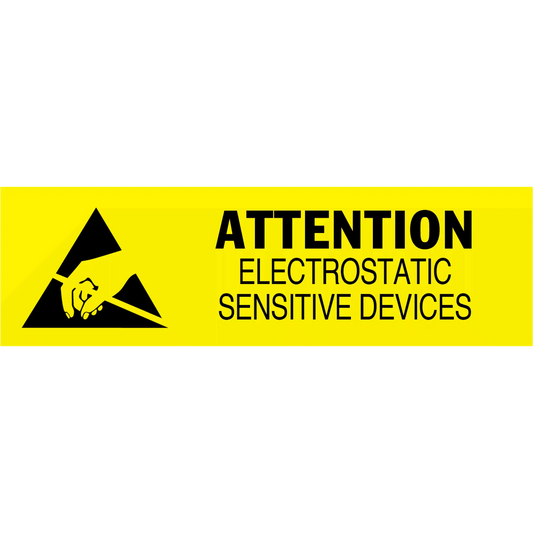 Yellow warning label for electrostatic sensitive devices with black text and ESD symbol.