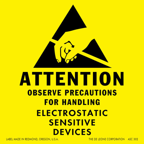 Yellow and black warning label for handling electrostatic sensitive devices.