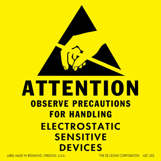 Yellow and black warning label for handling electrostatic sensitive devices.