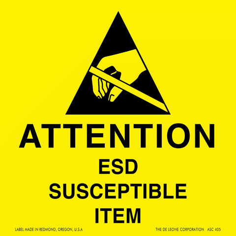 Warning sign for electrostatic discharge (ESD) sensitive equipment with black triangle symbol on yellow background.