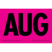 Bold black ’AUG’ text on a bright pink background.