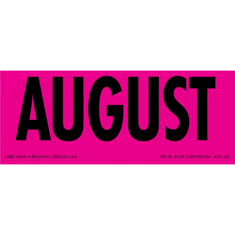 Bold black text spelling ’AUGUST’ on a pink background.