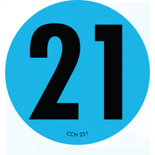 Black number 21 on a light blue circular background.