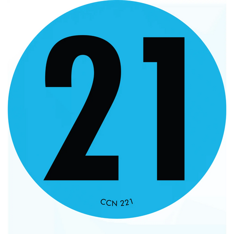 Black number 21 on a light blue circular background.