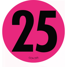 Black number 25 on a pink circular background.