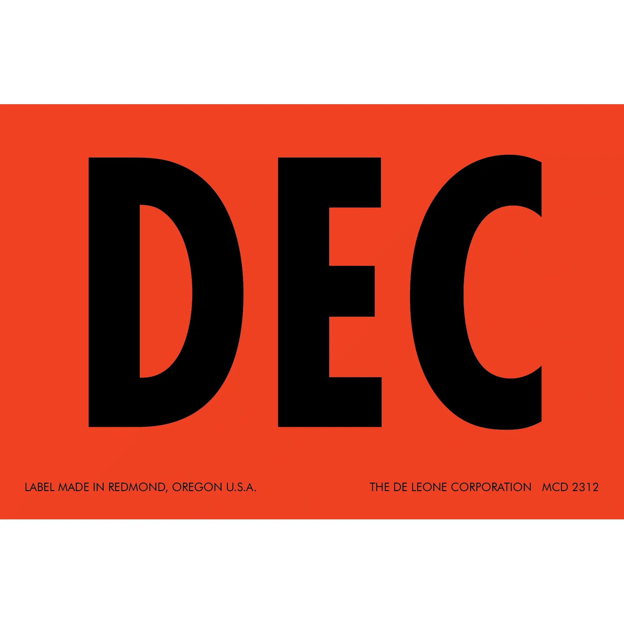 Black ’DEC’ text on an orange label