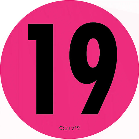 Black number 19 on a pink circular background.