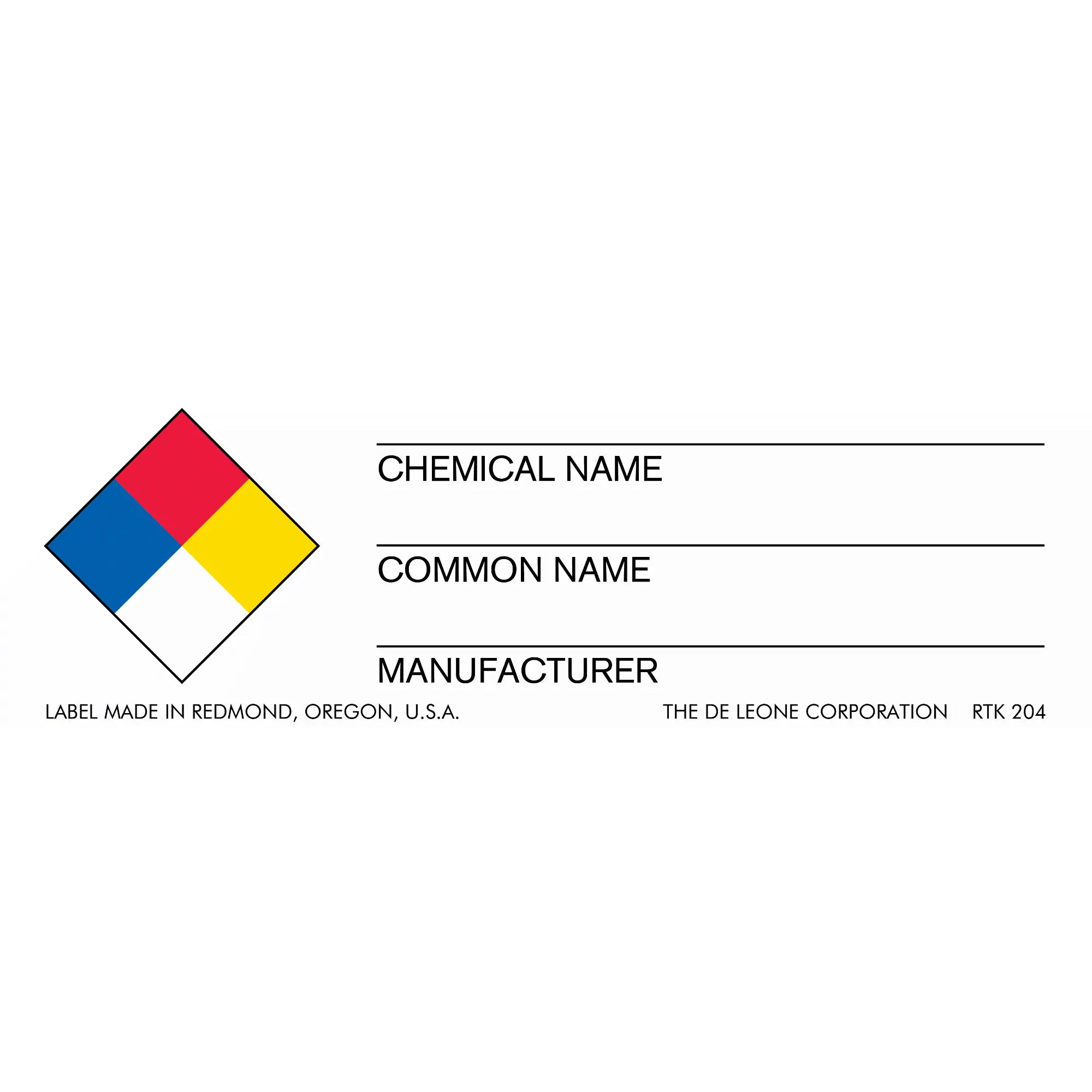 NFPA hazard diamond chemical label with blank information fields.