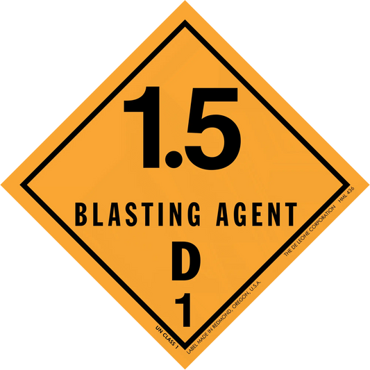 Diamond-shaped orange warning sign displaying ’1.5 BLASTING AGENT D 1’’ hazard placard.