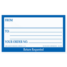 Blue and white shipping label with ’From,’ ’To,’ and ’Your Order No.’ fields.