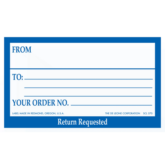 Blue and white shipping label with ’From,’ ’To,’ and ’Your Order No.’ fields.