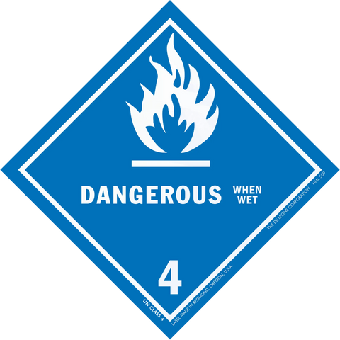 Blue diamond-shaped hazard warning sign with a flame symbol and text ’DANGEROUS WHEN WET 4’’