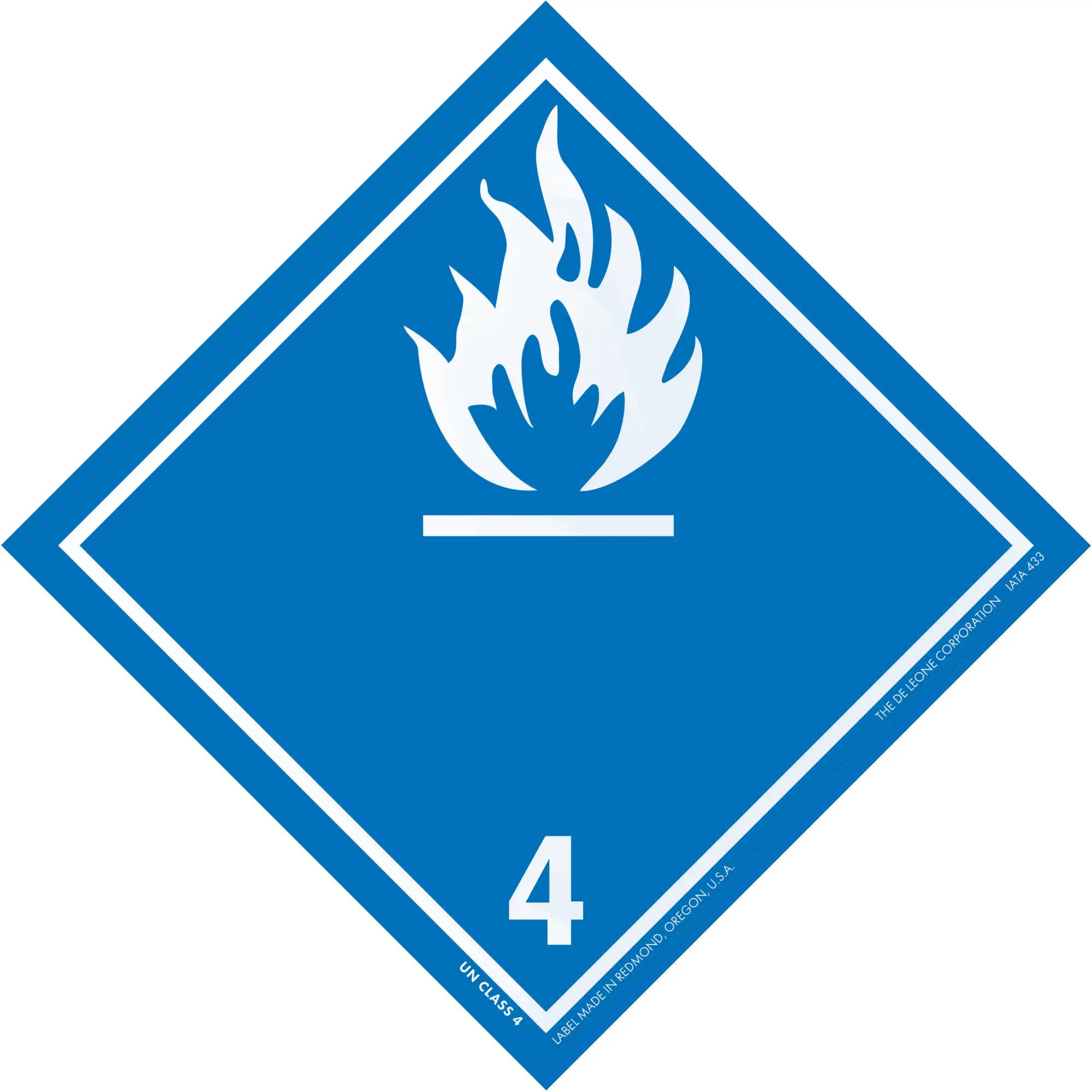 Diamond-shaped blue hazard placard with white flame symbol and number 4.