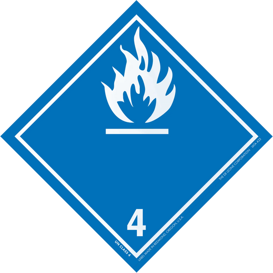 Diamond-shaped blue hazard placard with white flame symbol and number 4.