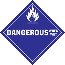 Diamond-shaped blue warning sign with white text reading ’DANGEROUS WHEN WET’ and a flame symbol.