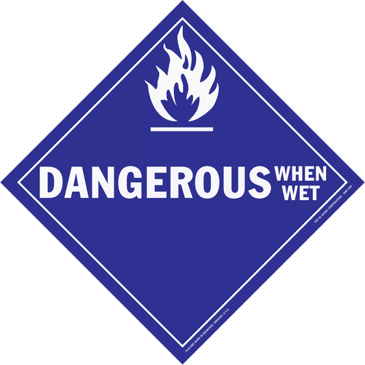 Diamond-shaped blue warning sign with white text reading ’DANGEROUS WHEN WET’ and a flame symbol.