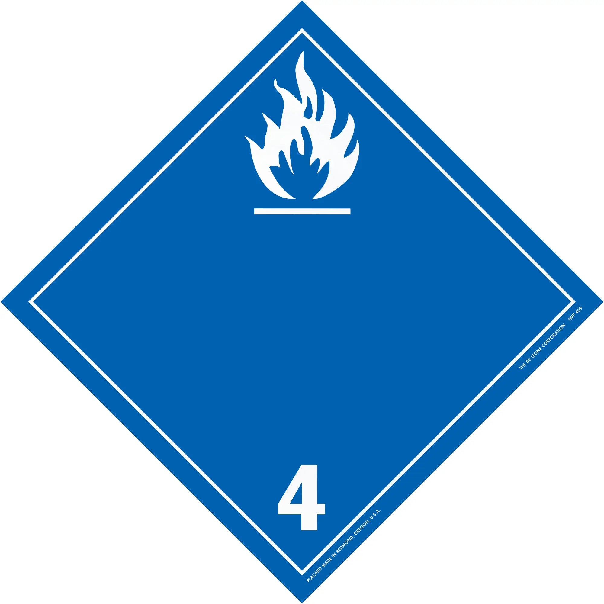 Blue diamond-shaped hazard placard with white flame symbol and number 4, indicating dangerous substances that emit flammable gases when wet.