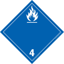 Blue diamond-shaped hazard placard with white flame symbol and number 4, indicating dangerous substances that emit flammable gases when wet.