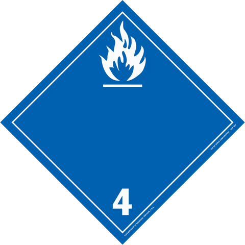 Blue diamond-shaped hazard placard with white flame symbol and number 4, indicating dangerous substances that emit flammable gases when wet.