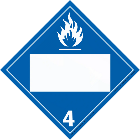 Diamond-shaped blue hazard placard with flame symbol and number 4.