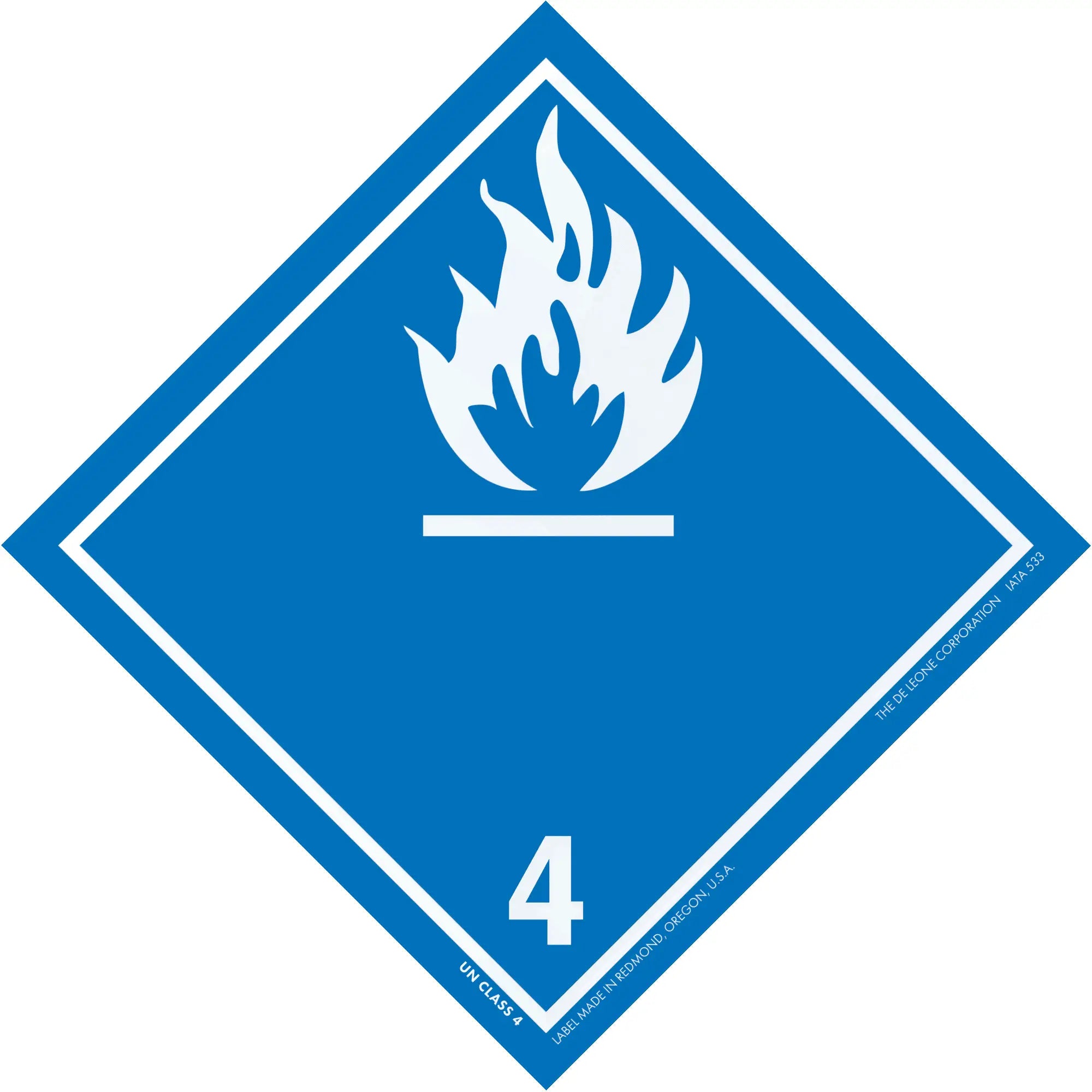 Diamond-shaped blue hazard placard with white flame symbol and number 4.