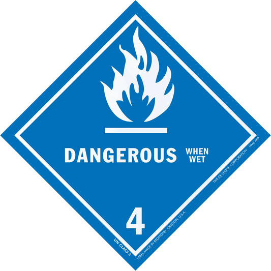 Blue diamond-shaped hazard warning sign with a flame symbol and text ’DANGEROUS WHEN WET 4’’