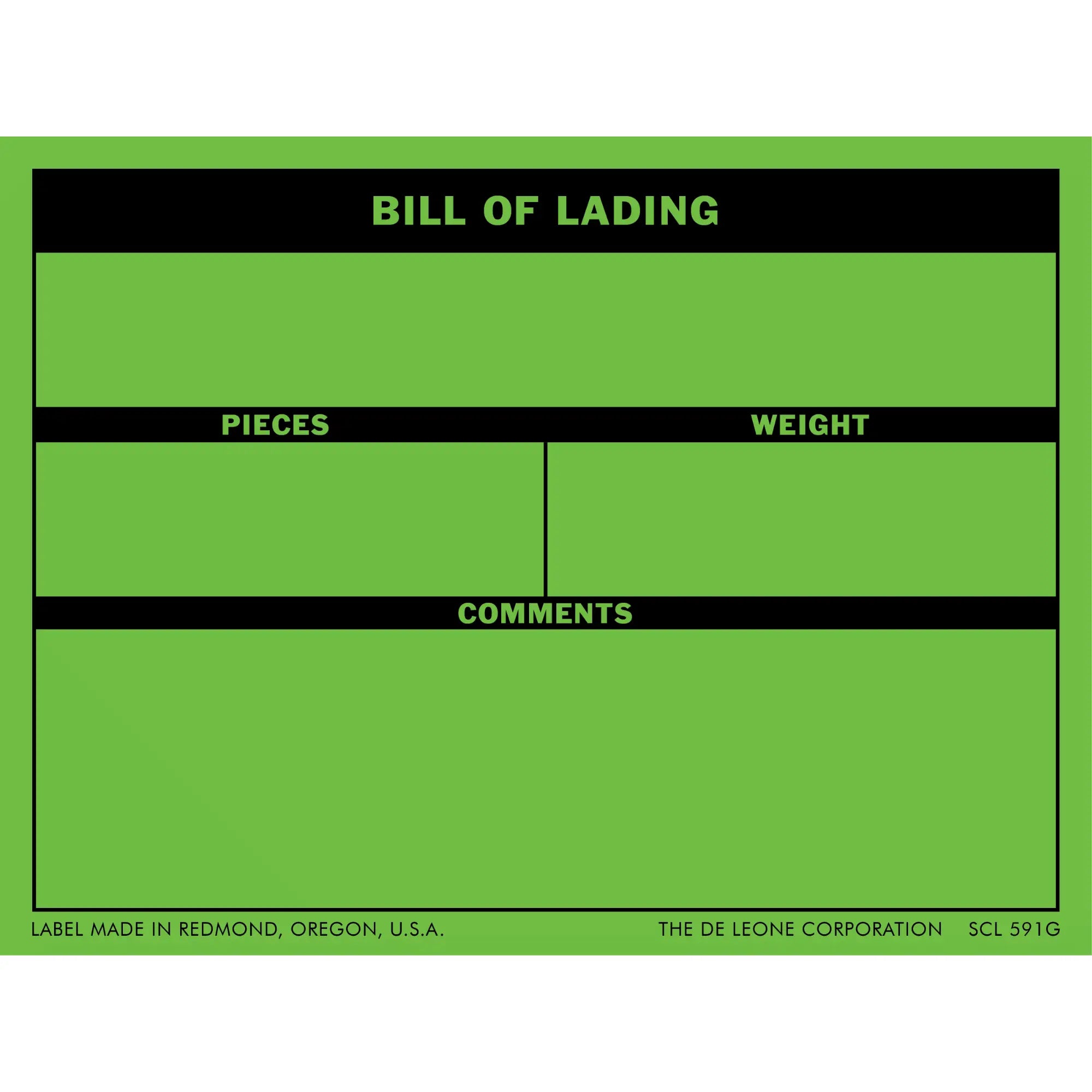 Green bill of lading form with black header bars and blank spaces for pieces, weight, and comments.