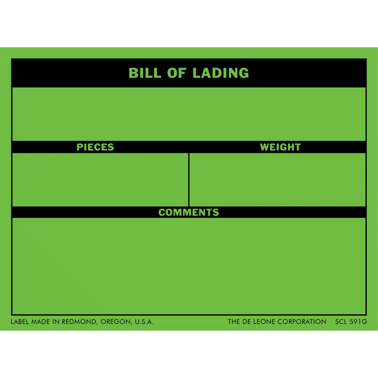 Green bill of lading form with black header bars and blank spaces for pieces, weight, and comments.