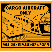 Warning sign indicating cargo aircraft restrictions with black and orange pictorial design.