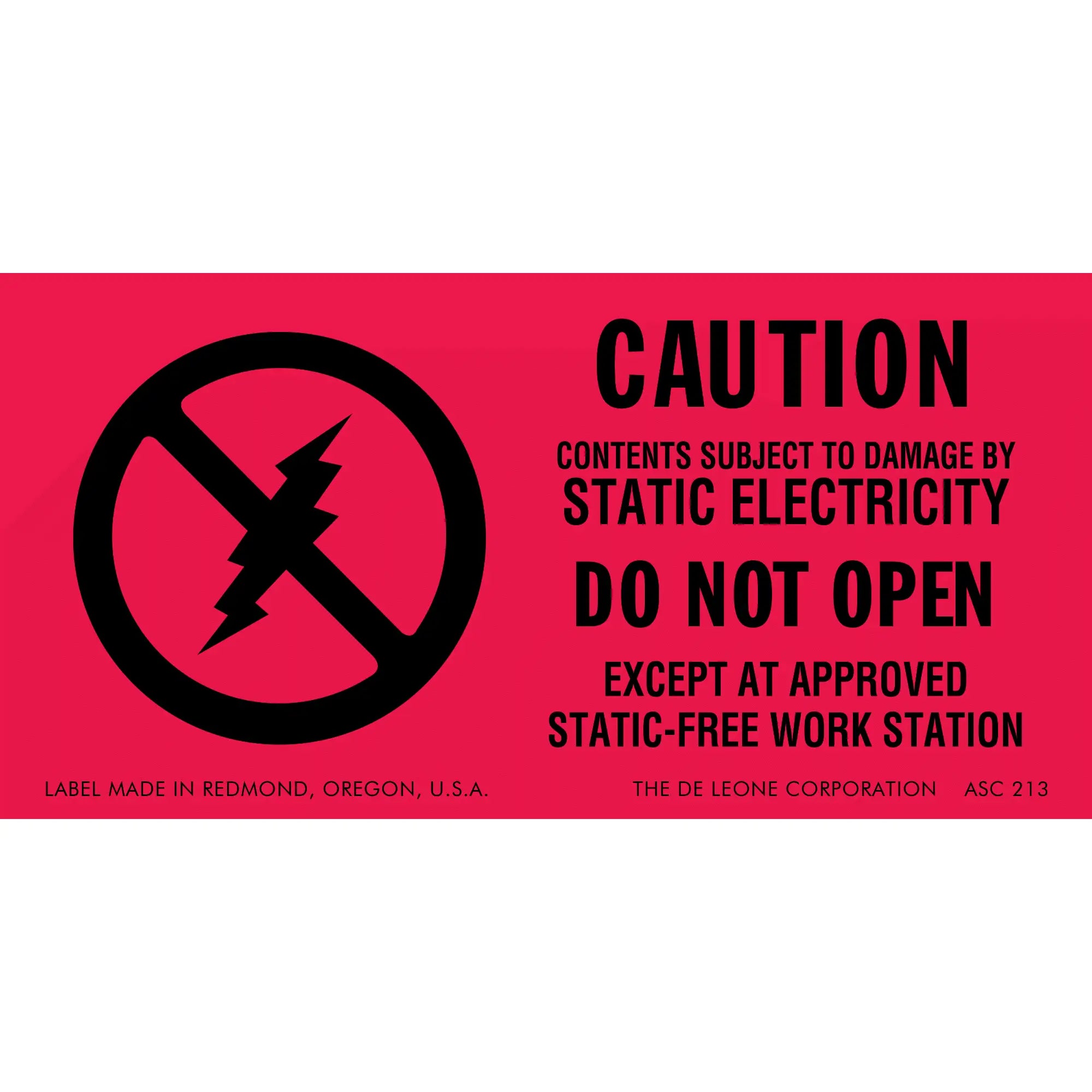 Red warning label about static electricity damage with a crossed-out lightning bolt symbol.