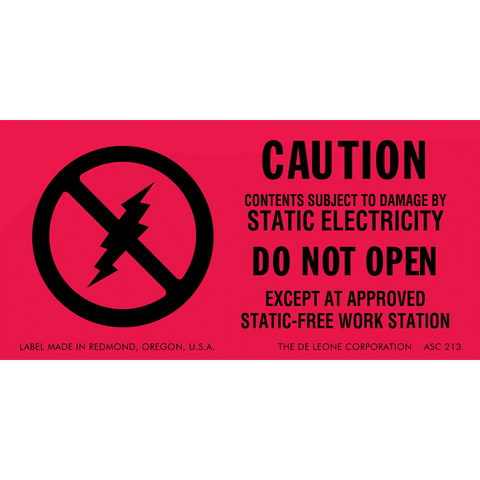 Red warning label about static electricity damage with a crossed-out lightning bolt symbol.