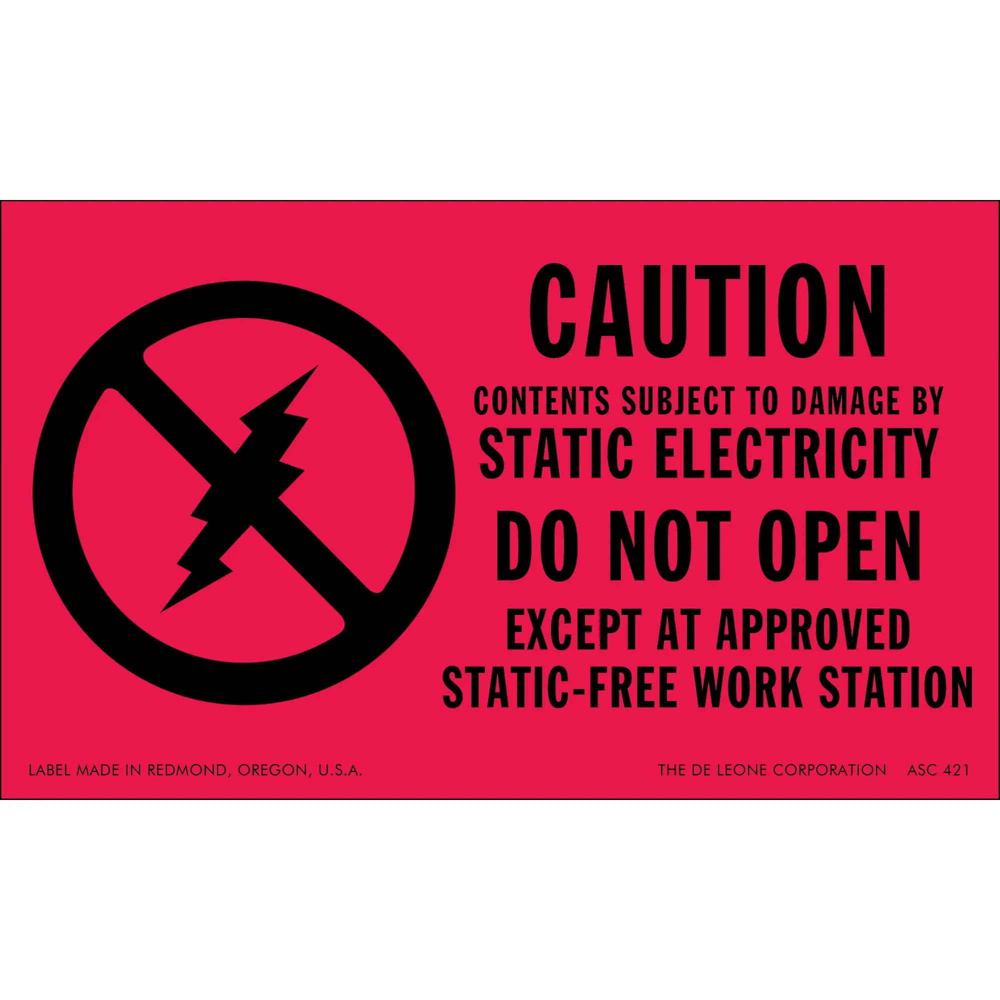 Red warning label about static electricity hazards with black text and a crossed-out lightning bolt symbol.