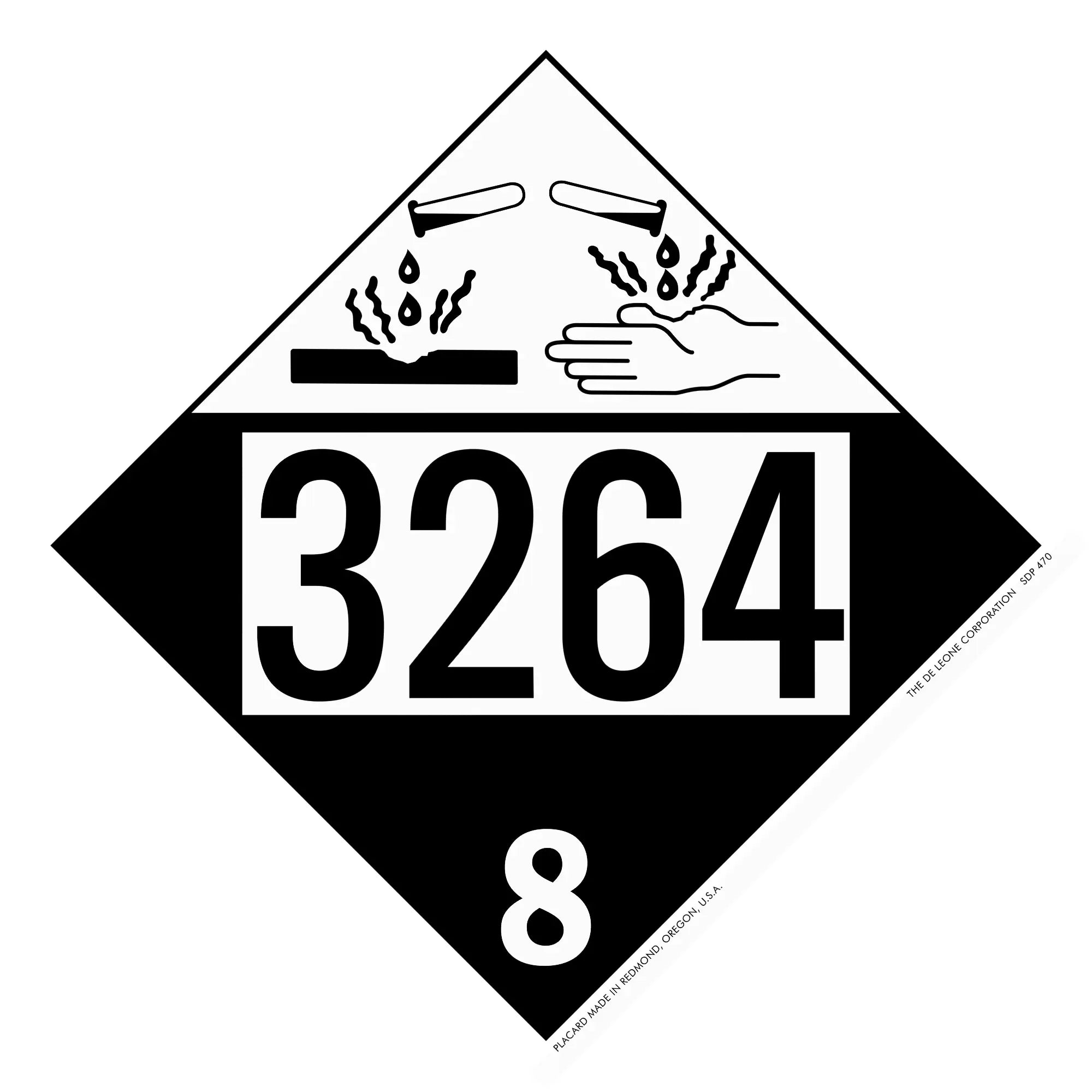 Black and white hazardous material placard with number 3264 and corrosive symbol showing hands being damaged.