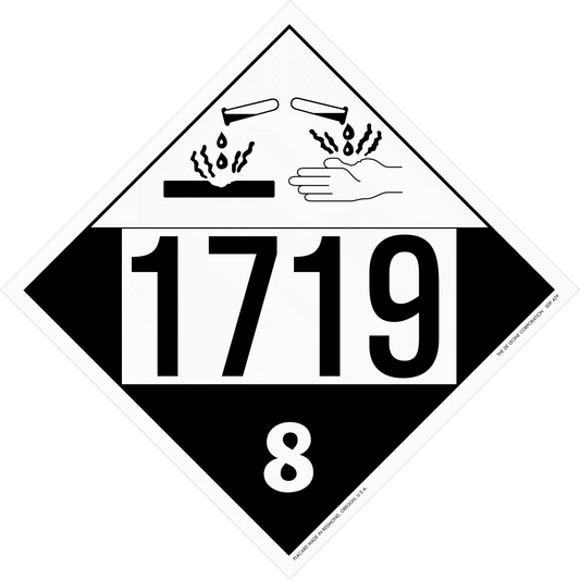 Hazardous materials placard with number 1719 and corrosive symbol in class 8 diamond.