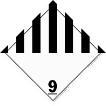 Black and white hazardous materials placard with class 9 miscellaneous dangerous goods symbol.