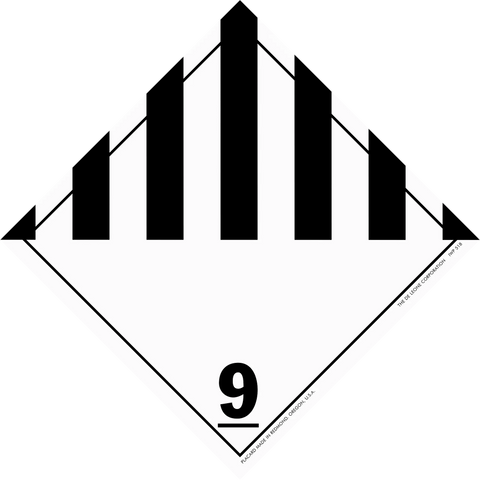 Black and white hazardous materials placard with class 9 miscellaneous dangerous goods symbol.