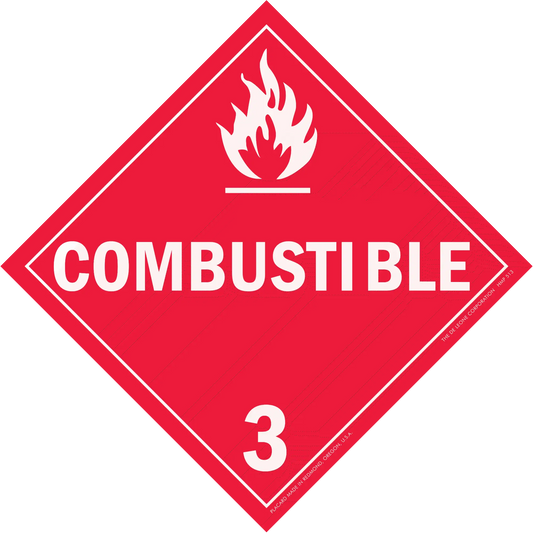 Red diamond-shaped warning placard displaying ’COMBUSTIBLE 3’’ with a flame symbol.