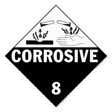 Black and white diamond-shaped hazard warning sign for corrosive materials with the number 8.