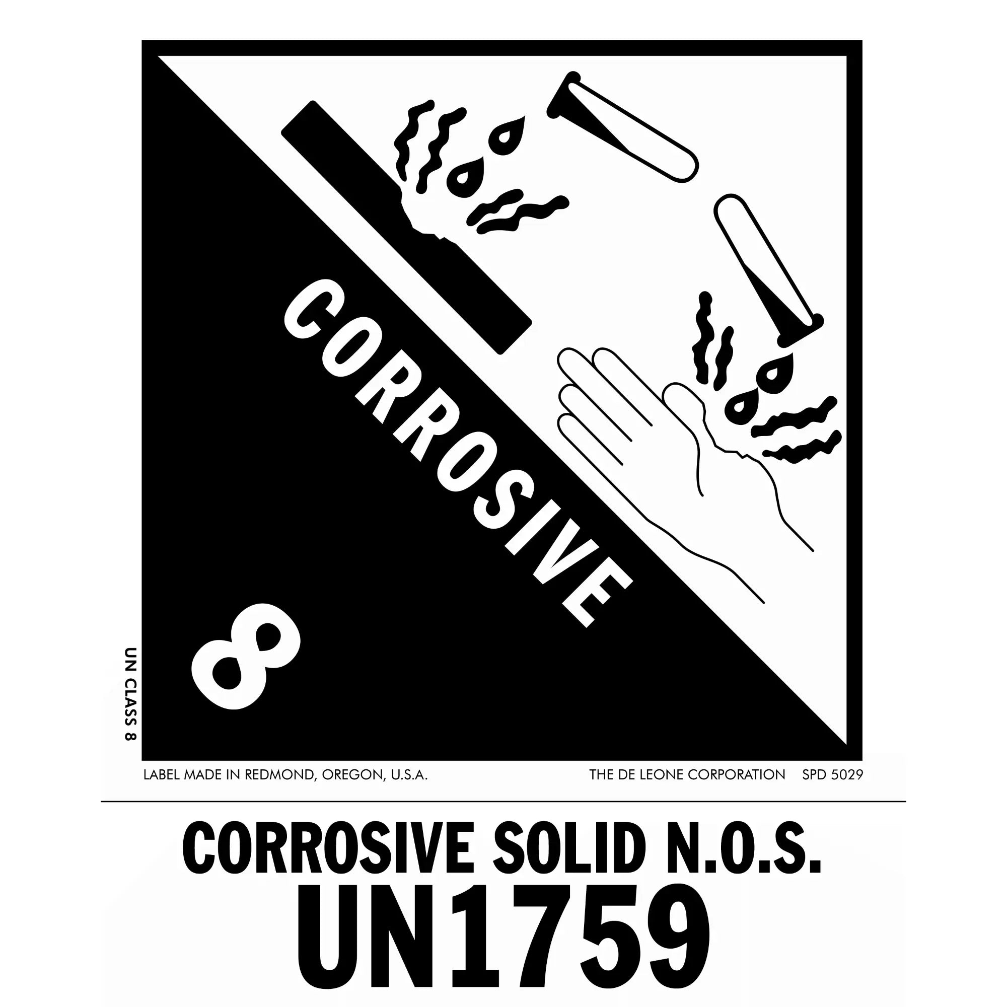 Black and white hazard warning symbol for corrosive materials with UN code 1759.