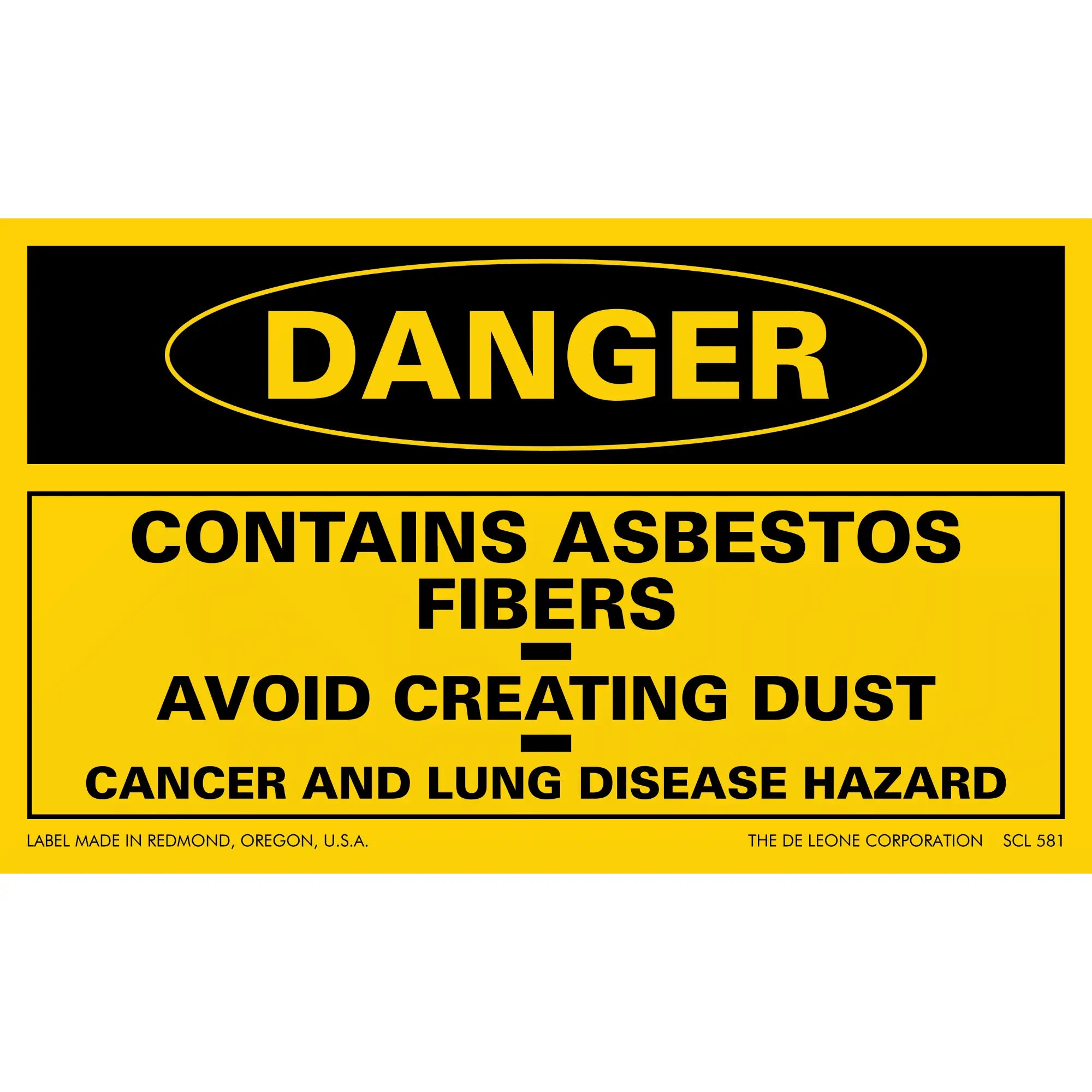 Yellow and black warning sign about asbestos fiber hazards.