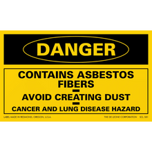 Yellow and black warning sign about asbestos fiber hazards.